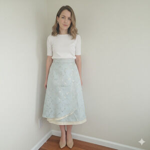 J. Jill Long Skirt Burnout Sheer Faux Wrap Blue Cream Linen Floral Maxi 10 NWT